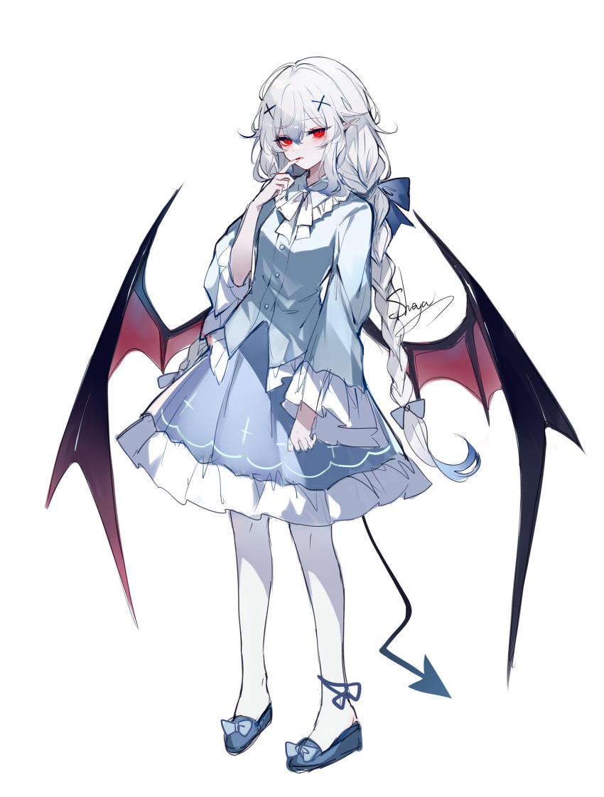 1girl bangs blue_footwear blue_shirt demon_tail demon_wings hand_up highres long_braid long_hair long_sleeves looking_at_viewer original pantyhose pointy_ears red_eyes sheya shirt shoes solo tail very_long_hair white_hair white_pantyhose wide_sleeves wings