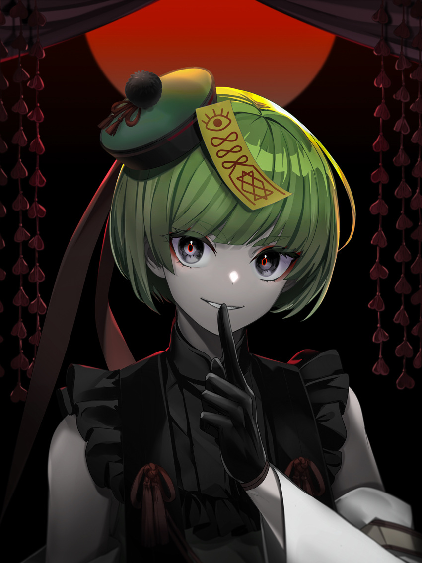 1boy bangs bare_shoulders black_background black_gloves black_shirt blunt_bangs bob_cut commentary_request detached_sleeves eyeshadow finger_to_mouth frilled_shirt frills gloves green_hair green_headwear grey_eyes grin hair_ribbon happy hat highres index_finger_raised long_sleeves makeup male_focus merlusa ofuda_on_head pale_skin partial_commentary personification pokemon pom_pom_(clothes) qing_guanmao red_eyeshadow red_pupils red_ribbon ribbon shiny shiny_hair shirt short_hair shushing sleeveless sleeveless_shirt smile solo tassel teeth tilted_headwear upper_body v-shaped_eyebrows wide_sleeves xatu