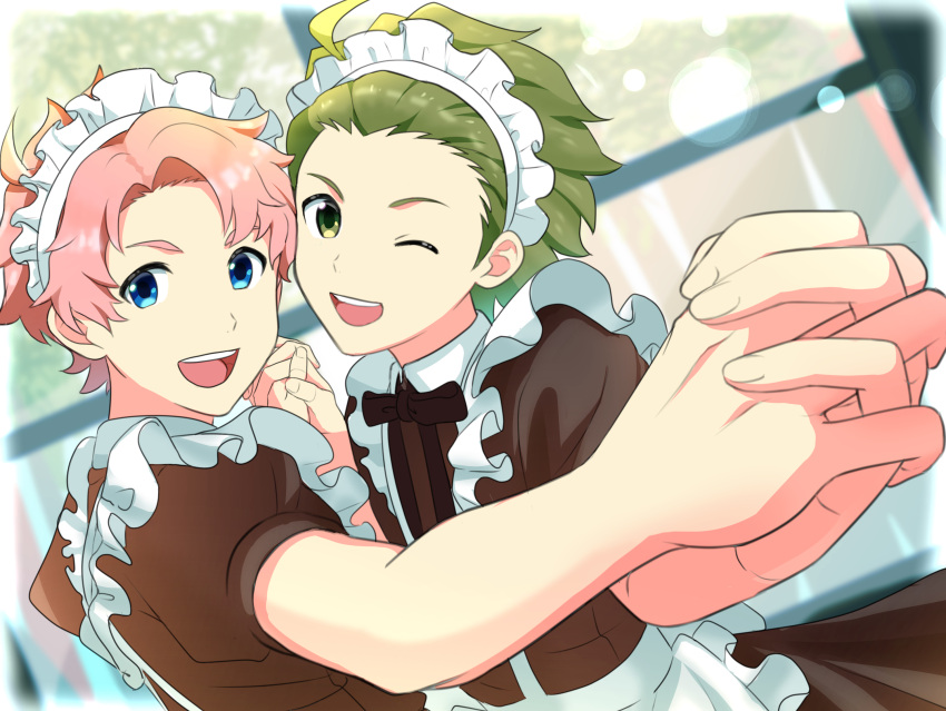 2boys ahoge alternate_costume apron blue_eyes crossdressing dancing enmaided fingernails green_hair highres holding_hands idolmaster idolmaster_side-m kabuto_daigo looking_at_viewer m_sakanap maid maid_apron male_focus mitarai_shouta multiple_boys one_eye_closed open_mouth pink_hair short_sleeves teeth upper_body upper_teeth window