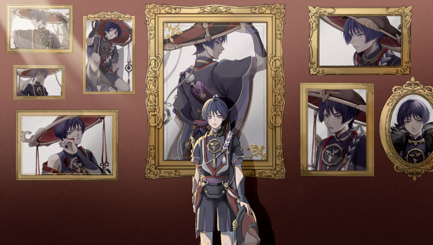 1boy bangs blank_stare blood blood_on_face bowl_cut eyeshadow facing_viewer genshin_impact highres holding japanese_clothes large_hat looking_at_viewer makeup multiple_views pale_skin photo_(object) purple_hair red_eyeshadow scaramouche_(genshin_impact) short_hair short_sleeves standing user_dxgt8237 violet_eyes