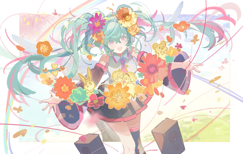 1girl :d ai_kotoba_ii_(vocaloid) black_skirt black_sleeves black_thighhighs blue_flower blue_hair blush collared_shirt commentary detached_sleeves feet_out_of_frame floating_hair flower flower_request hair_between_eyes hair_flower hair_ornament hatsune_miku heart highres long_hair necktie open_hands open_mouth orange_flower outstretched_arms pink_eyes pink_necktie pleated_skirt purple_flower red_flower satonishi shirt single_thighhigh skirt smile solo speaker thigh-highs twintails very_long_hair vocaloid white_shirt wide_sleeves yellow_flower