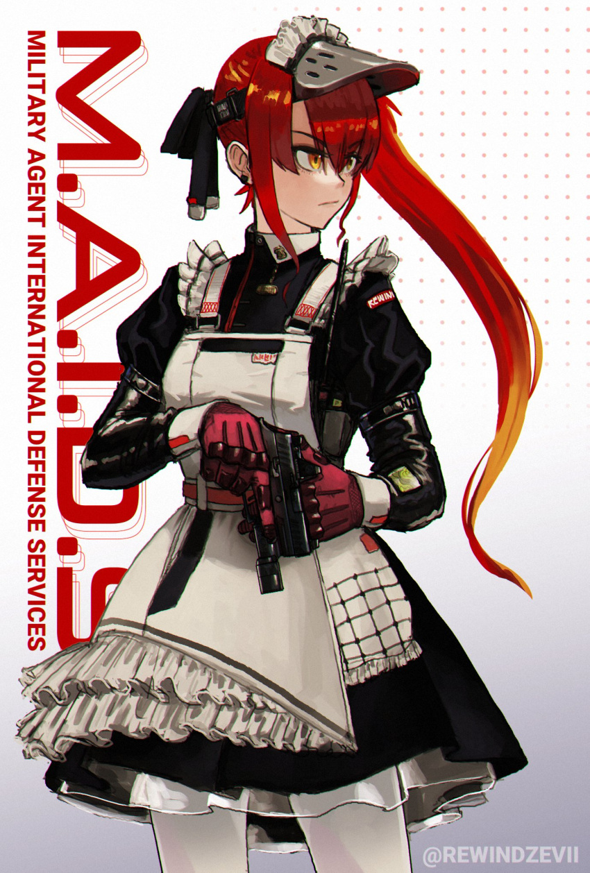 1girl adapted_costume apron black_dress dress english_commentary english_text frilled_apron frills gun handgun highres holding holding_gun holding_weapon laser_sight long_hair looking_to_the_side maid maid_headdress making-of_available orange_eyes original pantyhose petticoat redhead reze_(rewindze) side_ponytail solo standing trigger_discipline visor_cap weapon white_apron white_pantyhose wrist_cuffs