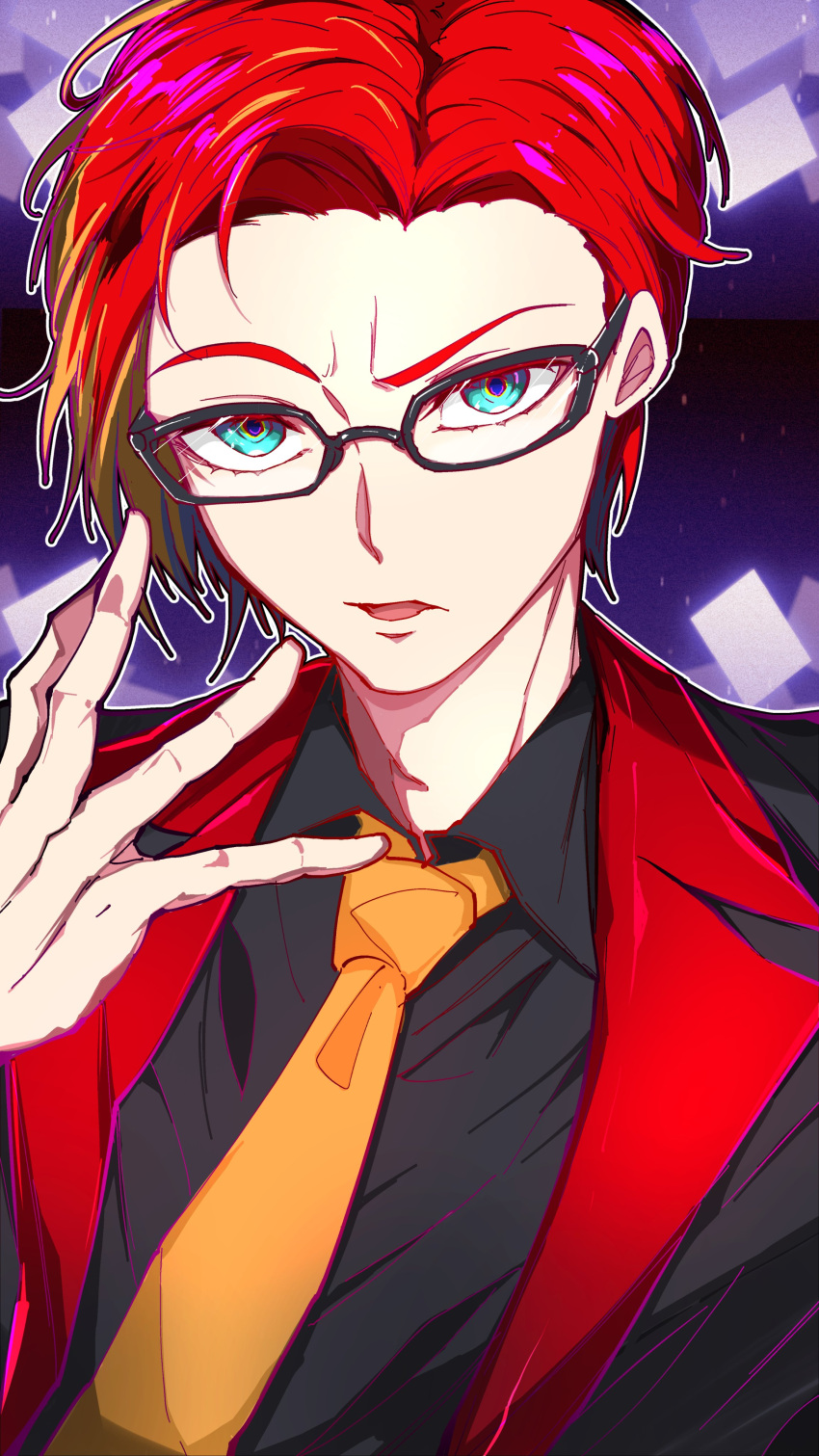 1boy absurdres alternate_costume alternate_hairstyle aqua_eyes bespectacled black-framed_eyewear black_jacket black_shirt collared_shirt comb_over glasses hand_up highres hizaki_gamma hizaki_gamma_(artist) holostars jacket lapels looking_at_viewer male_focus multicolored_hair necktie notched_lapels orange_hair orange_necktie outline parted_lips purple_background raised_eyebrows redhead shirt short_hair solo streaked_hair two-tone_hair upper_body virtual_youtuber white_outline