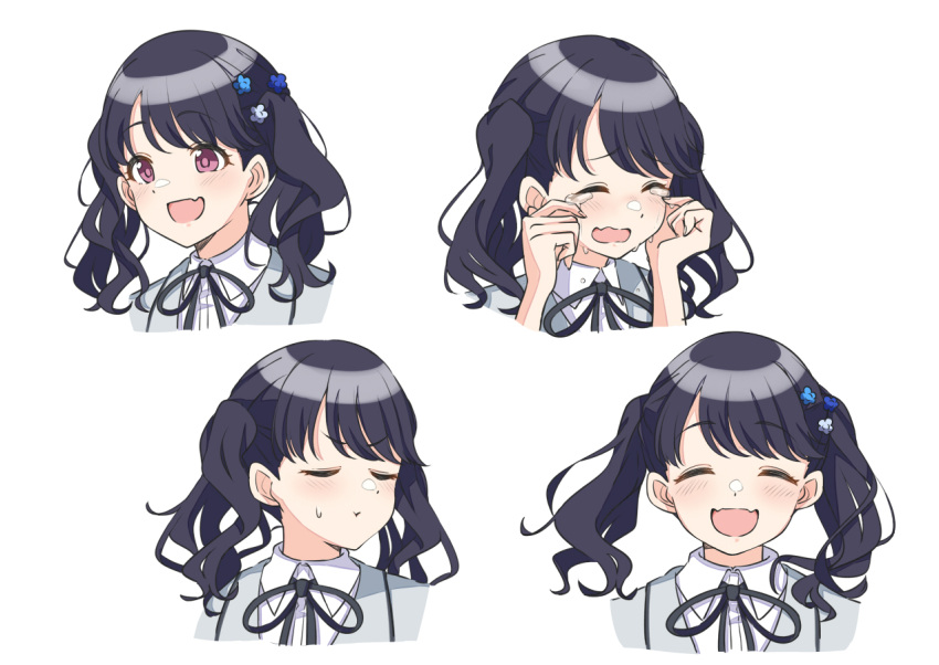 :d black_hair black_ribbon collage crying expressions fang fangs flower fukumaru_koito grey_jacket hair_flower hair_ornament idolmaster idolmaster_shiny_colors jacket neck_ribbon pout ribbon school_uniform shirt skin_fang skin_fangs smile sweatdrop tears tsunakanten twintails upper_body violet_eyes white_background white_shirt