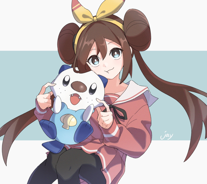 1girl :t absurdres alternate_costume bangs black_pantyhose black_ribbon bright_pupils brown_hair closed_mouth collarbone commentary_request hairband highres holding holding_pokemon jayj_824 long_hair long_sleeves neck_ribbon oshawott pantyhose pleated_skirt pokemon pokemon_(creature) pokemon_(game) pokemon_bw2 ribbon rosa_(pokemon) shirt signature skirt white_pupils yellow_hairband