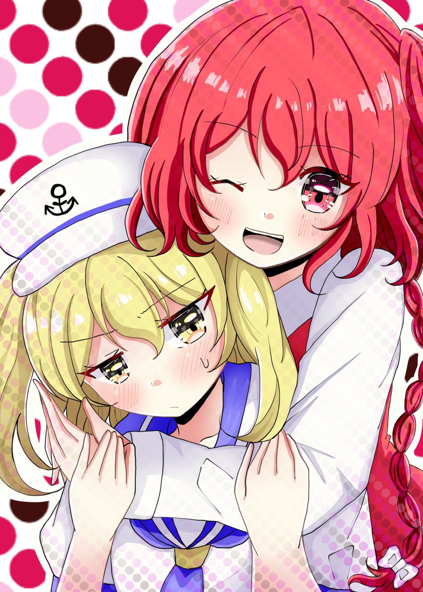 2girls anchor_print anchor_symbol blonde_hair blue_neckerchief blue_sailor_collar blush bow braid closed_mouth collared_shirt commentary_request hair_bow happy hat highres hug kitashirakawa_chiyuri kuronon long_hair medium_hair multiple_girls neckerchief okazaki_yumemi one_eye_closed open_mouth polka_dot polka_dot_background puffy_short_sleeves puffy_sleeves red_eyes red_vest redhead sailor_collar sailor_hat sailor_shirt shirt short_sleeves single_braid sweatdrop touhou touhou_(pc-98) twintails two_side_up uniform upper_body vest white_bow white_headwear white_shirt yellow_eyes