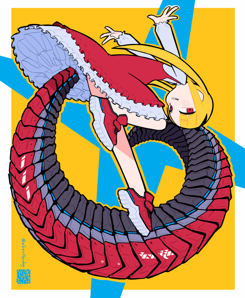 1girl absurdres artist_logo artist_name black_tail blonde_hair blue_background dress floating frilled_dress frills full_body grin highres iwako_(eiken3kyuboy) layered_dress long_hair long_sleeves looking_at_viewer mechanical_tail original puffy_long_sleeves puffy_sleeves red_dress red_eyes red_footwear red_tail shoes simple_background smile sneakers solo tail twitter_username white_dress yellow_background