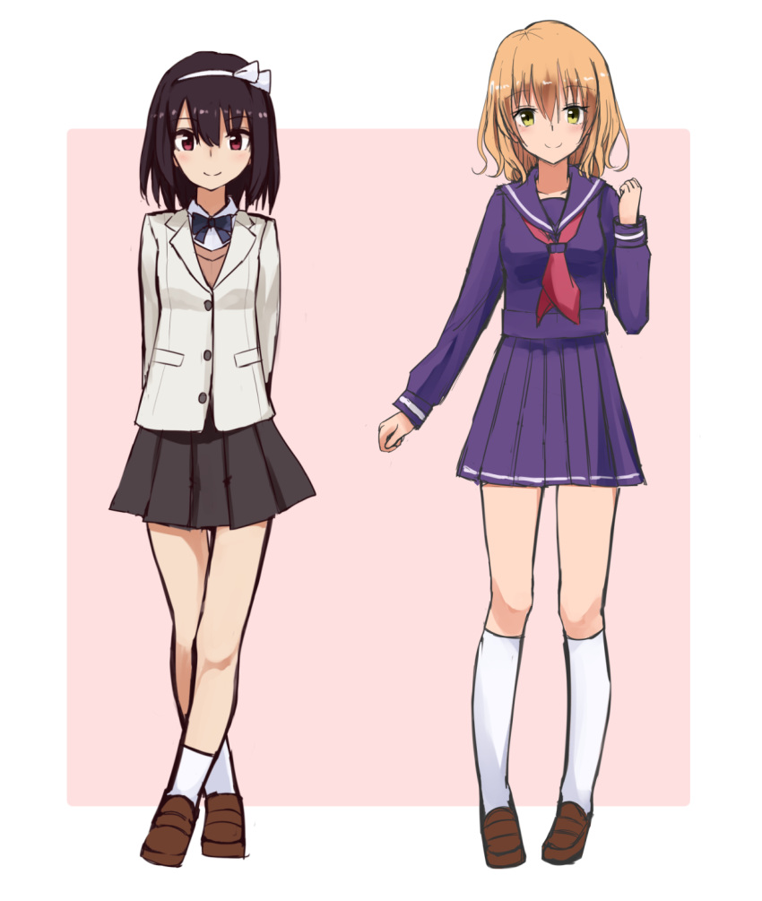 2girls alternate_costume arms_behind_back black_skirt blonde_hair bow bowtie brown_eyes brown_hair hasu_(lausdys) height_difference highres loafers maribel_hearn multiple_girls purple_serafuku sailor_collar school_uniform serafuku shirt shoes skirt socks touhou usami_renko white_shirt white_socks yellow_eyes