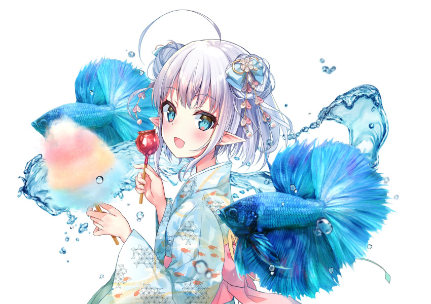 1girl ahoge bangs blue_eyes candy_apple cotton_candy double_bun else_(project_blue) fish food fushimi_sameta hair_bun hair_ornament hands_up highres holding holding_food japanese_clothes kimono looking_at_viewer open_mouth pointy_ears project_blue_(vtuber) short_hair simple_background solo upper_body virtual_youtuber water white_background white_hair