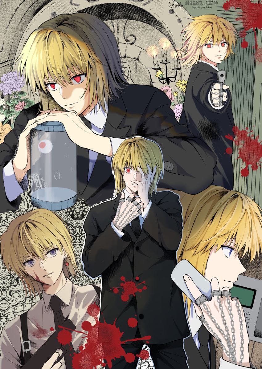 1boy absurdres blonde_hair blood candle chain closed_mouth commentary_request expressions gun hand_on_own_cheek hand_on_own_face highres holding holding_gun holding_weapon hunter_x_hunter kurapika looking_at_viewer male_focus minato_x3710 montage multiple_views necktie phone red_eyes short_hair solo violet_eyes weapon