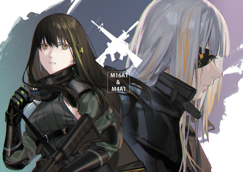 2girls assault_rifle background_text bag bangs black_bag black_cape black_coat black_hair black_straps blonde_hair brown_eyes cape carrying carrying_bag closed_mouth coat commentary_request elbow_pads eyepatch from_side girls_frontline gradient_hair green_hair green_sweater grey_hair gun head_tilt headgear highres holding holding_gun holding_weapon leather_strap long_hair m16a1 m16a1_(girls'_frontline) m4_carbine m4a1_(girls'_frontline) mask mask_around_neck mechanical_arms mik_blamike mouth_mask multicolored_background multicolored_hair multiple_girls open_mouth rifle shoulder_bag sidelocks simple_background skeleton_print sleeveless sleeveless_sweater strap streaked_hair sweater tactical_clothes teardrop tears teeth weapon weapon_name white_background