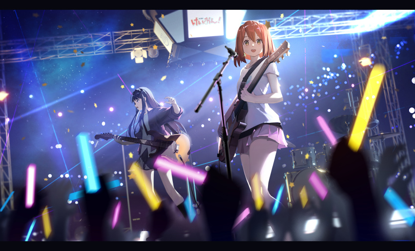 2girls 6+others :d absurdres akiyama_mio alisi bangs bass_guitar black_hair brown_eyes brown_hair commentary_request concert drum drum_set electric_guitar glowstick guitar highres hirasawa_yui holding holding_instrument instrument k-on! letterboxed long_hair microphone microphone_stand multiple_girls multiple_others open_mouth pink_skirt revision sakuragaoka_high_school_uniform school_uniform shirt short_hair short_sleeves skirt sleeves_rolled_up smile stage white_shirt