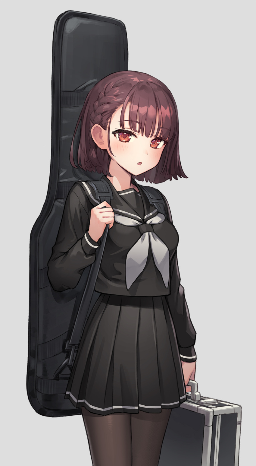 1girl bangs black_pantyhose black_serafuku blunt_bangs blush braid brown_eyes brown_hair carrying_bag cowboy_shot eyebrows_hidden_by_hair grey_background guitar_case hair_behind_ear highres holding_luggage instrument_case kurobuta_gekkan long_sleeves looking_at_viewer luggage original pantyhose parted_lips school_uniform serafuku short_hair side_braid simple_background single_braid skirt solo