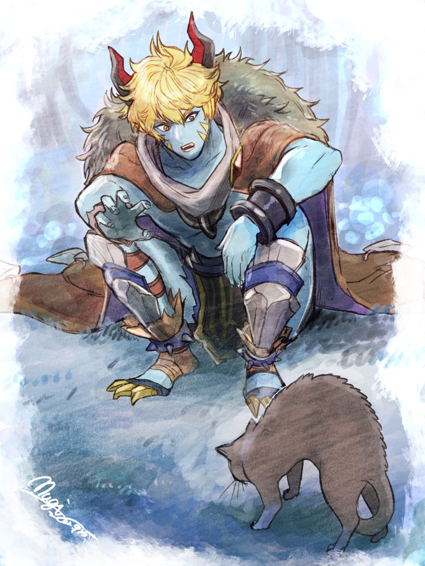 1boy another_eden artist_name blonde_hair blue_skin bracer brown_cape brown_eyes cape cat clawed_boots clenched_hand colored_skin facial_mark fangs full_body fur_cape guildna_(another_eden) hair_between_eyes highres horns komugiko_no_mori lower_teeth male_focus open_mouth outdoors shin_guards short_hair sitting spiked_anklet teeth topless_male upper_teeth