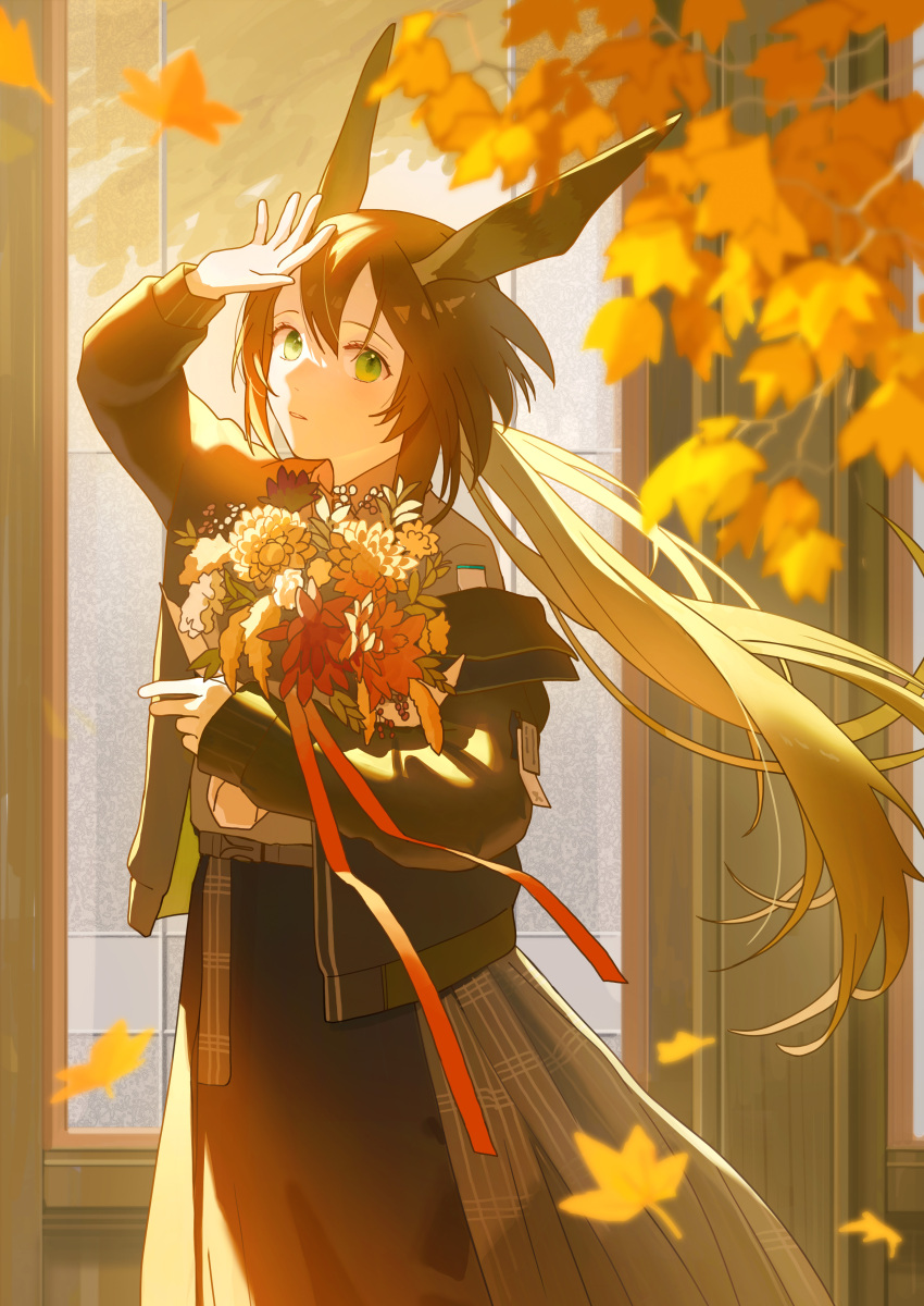 1girl absurdres alternate_costume amiya_(arknights) animal_ears arknights autumn_leaves black_jacket black_skirt bouquet branch brown_hair commentary cowboy_shot expressionless falling_leaves floating_hair flower green_eyes grey_shirt hair_between_eyes hand_up highres holding holding_bouquet jacket leaf light_blush long_hair long_skirt long_sleeves looking_at_viewer maple_leaf open_clothes open_jacket orange_flower parted_lips ponytail rabbit_ears shikisimayu shirt sidelighting skirt solo very_long_hair white_flower yellow_flower