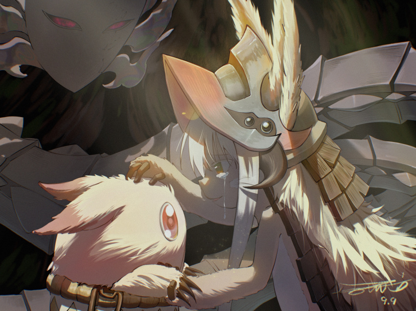 3others animal_ears belafu brown_eyes brown_fur commentary_request crying crying_with_eyes_open ears_through_headwear fake_horns from_side grey_hair hand_on_another's_head headpat helmet highres hollow_eyes horned_helmet horns in_pot laozhang_(user_ekje4545) light_beam looking_at_viewer made_in_abyss mitty_(made_in_abyss) multiple_others nanachi_(made_in_abyss) other_focus parted_lips profile red_eyes signature streaming_tears tears whiskers