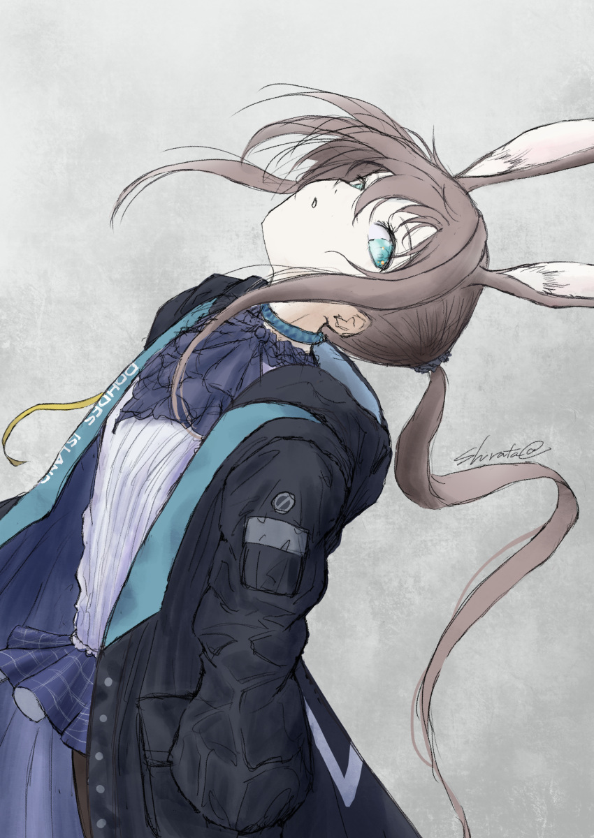1girl absurdres amiya_(arknights) animal_ears arknights ascot black_coat black_pantyhose blue_ascot blue_collar blue_eyes coat collar cowboy_shot extra_ears grey_background hands_in_pockets highres jewelry looking_at_viewer neck_ring open_clothes open_coat pantyhose parted_lips plaid plaid_skirt rabbit_ears rabbit_girl shirata98 shirt sidelocks signature simple_background skirt solo white_shirt