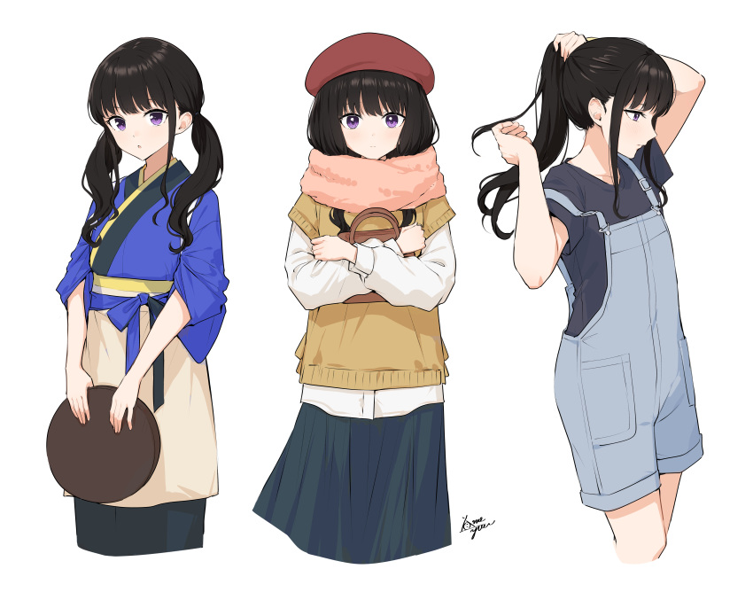 1girl :o absurdres apron bag black_hair black_shirt black_skirt blue_kimono brown_apron closed_mouth commentary_request cropped_legs hair_over_shoulder handbag highres holding holding_tray inoue_takina japanese_clothes kimono long_hair long_sleeves low_twintails lycoris_recoil multiple_views obi object_hug overall_shorts overalls parted_lips ponytail puffy_long_sleeves puffy_sleeves sash shirt short_sleeves signature simple_background skirt sweater_vest takenoko_no_you tasuki tray twintails tying_hair violet_eyes waist_apron white_background white_shirt
