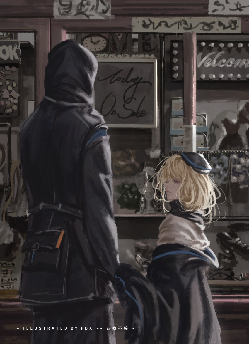 1girl 1other absurdres arknights artist_name black_coat black_headwear blonde_hair blue_eyes clock closed_mouth coat commentary cup doctor_(arknights) drinking_glass durin_(arknights) fengbuxiao hat highres holding_hands hood hood_up hooded_coat lips long_sleeves looking_at_another medium_hair off_shoulder shirt sign white_shirt wine_glass