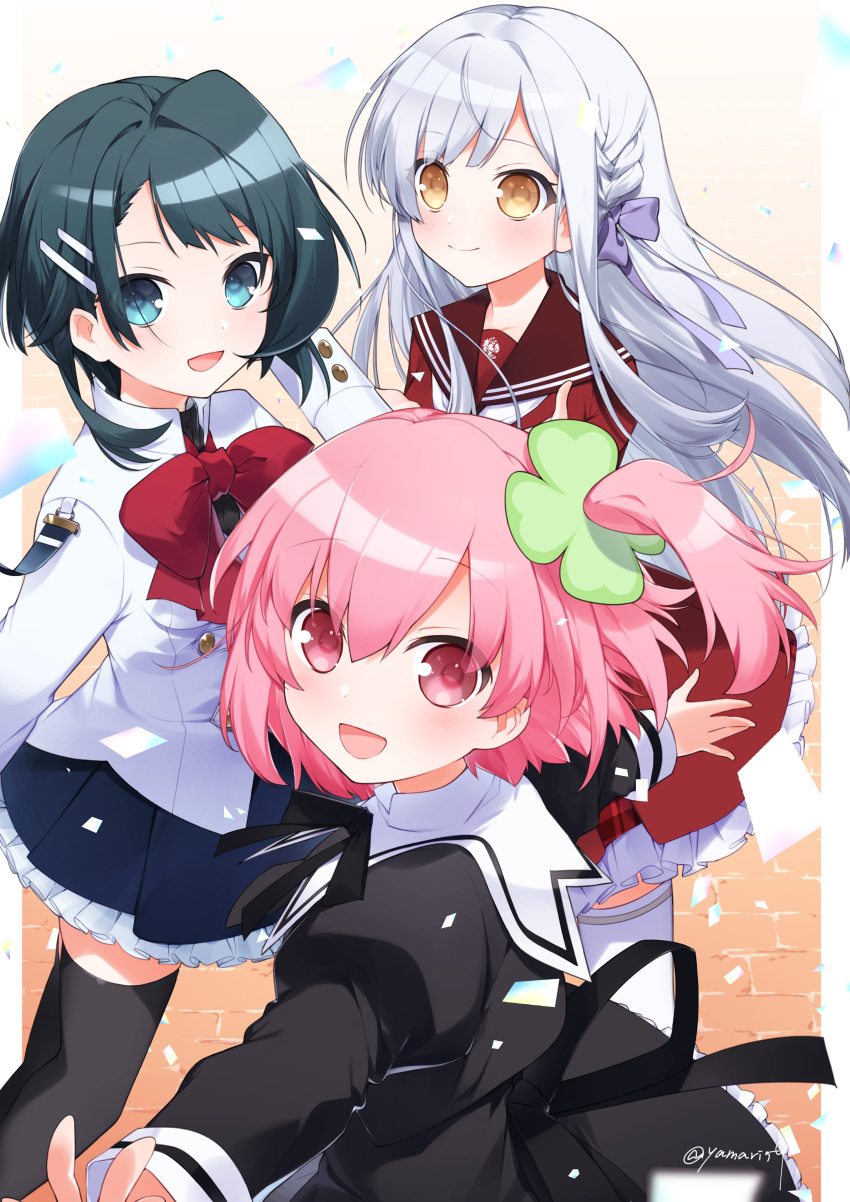 3girls :d absurdres aizawa_kazuha assault_lily asymmetrical_hair bangs black_ribbon black_shirt black_skirt black_thighhighs blue_eyes blue_hair blue_skirt blunt_bangs blush bow bowtie braid brown_sailor_collar buttons closed_mouth clover_hair_ornament collared_shirt commentary_request confetti cropped_jacket four-leaf_clover_hair_ornament frilled_skirt frills gradient gradient_background grey_hair hair_between_eyes hair_ornament hair_ribbon hairclip hand_up hands_up herensuge_girls_academy_school_uniform high-waist_skirt highres hitotsuyanagi_riri jacket juliet_sleeves kanba_girls_high_school_uniform kon_kanaho long_hair long_sleeves looking_at_viewer looking_to_the_side mari_(rodoney-kiara) miniskirt multiple_girls neck_ribbon one_side_up open_mouth orange_background outside_border outstretched_arms pillarboxed pink_eyes pink_hair plaid plaid_skirt pleated_skirt puffy_sleeves purple_ribbon red_bow red_bowtie red_shirt red_skirt ribbon sailor_collar school_uniform serafuku sett shirt short_hair side_braid sidelocks skirt smile standing thigh-highs twitter_username very_long_hair white_jacket white_thighhighs yellow_eyes yurigaoka_girls_academy_school_uniform zettai_ryouiki