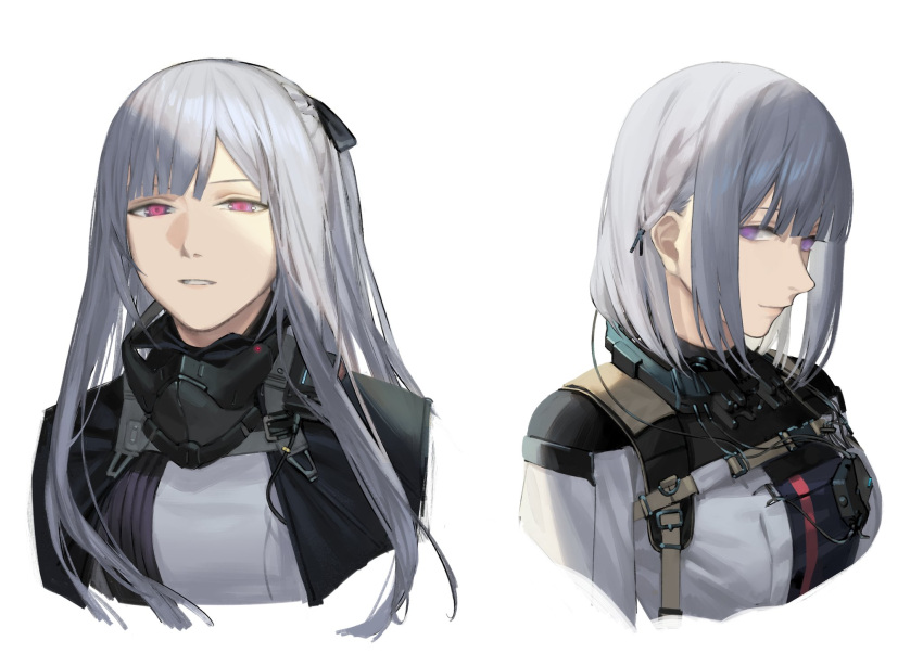 2girls ak-12_(girls'_frontline) bangs black_bow blunt_bangs bow cape closed_mouth commentary_request girls_frontline grey_hair hair_bow hair_over_shoulder head_tilt headset highres long_hair looking_at_viewer mask mask_around_neck medium_hair mik_blamike mouth_mask multiple_girls open_mouth parted_bangs parted_lips pink_eyes rpk-16_(girls'_frontline) sidelocks simple_background staring tactical_clothes teeth violet_eyes white_background