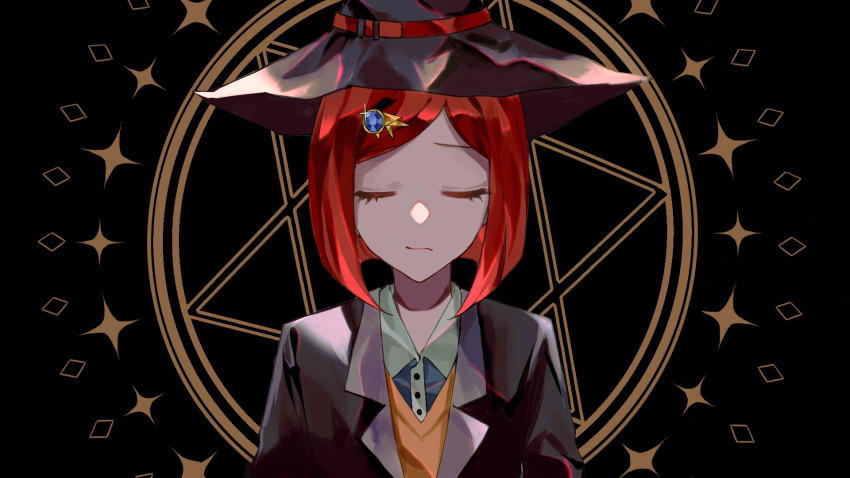 1girl bangs black_background black_headwear black_jacket brown_background brown_vest chu_dong closed_mouth collared_shirt danganronpa_(series) danganronpa_v3:_killing_harmony dress_shirt gem grey_shirt hair_ornament hat hexagram highres jacket looking_at_viewer open_clothes open_jacket red_eyes redhead shiny shiny_clothes shirt short_hair solo star_of_david vest witch_hat yumeno_himiko