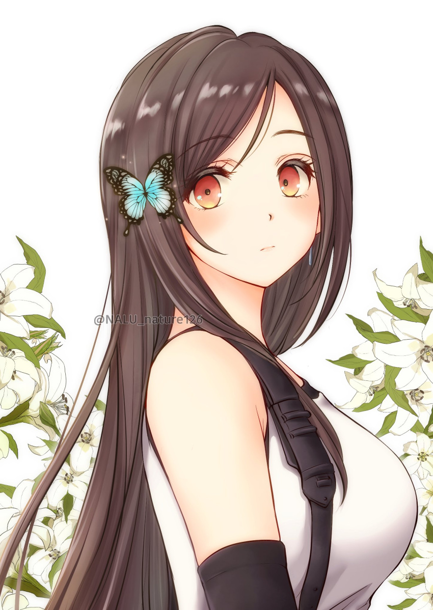 1girl asymmetrical_bangs bangs bare_shoulders black_bra black_gloves black_hair blue_butterfly blush bra breasts bug butterfly butterfly_hair_ornament earrings elbow_gloves final_fantasy final_fantasy_vii final_fantasy_vii_remake floral_background flower gloves hair_ornament highres jewelry large_breasts long_hair looking_at_viewer nalu red_eyes shirt sleeveless sleeveless_shirt solo sports_bra tifa_lockhart twitter_username underwear upper_body white_background white_flower white_shirt