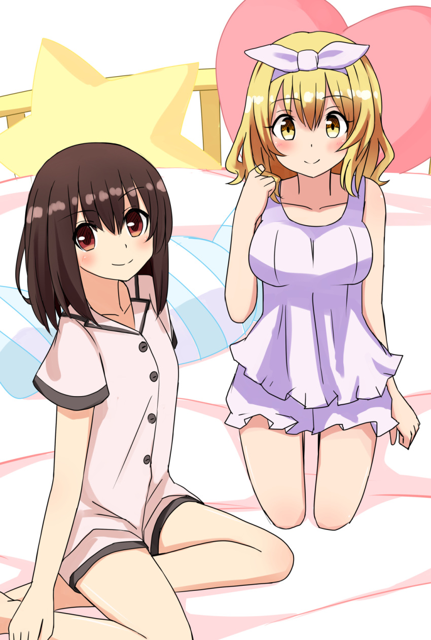 alternate_costume barefoot bed blonde_hair bloomers bow_hairband brown_eyes brown_hair hairband hasu_(lausdys) heart highres looking_at_viewer maribel_hearn pajamas pillow shirt short_shorts short_sleeves shorts sleepwear sleeveless sleeveless_shirt star_(symbol) touhou underwear usami_renko white_pajamas white_shorts yellow_eyes