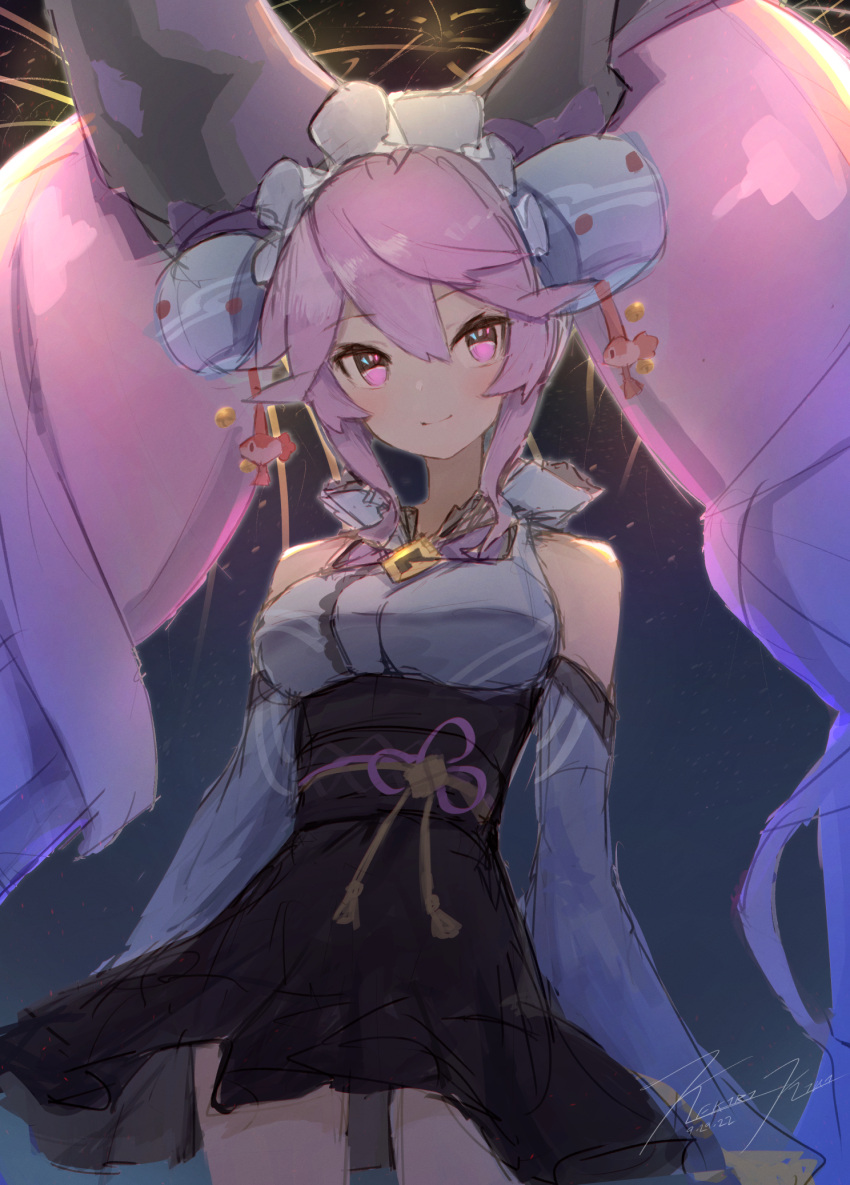 1girl bangs bell blue_hair bow breasts cleo_(dragalia_lost) closed_mouth commentary cowboy_shot dated dragalia_lost fireworks fish_hair_ornament gradient_hair hair_bell hair_bow hair_ornament highres japanese_clothes kimono large_breasts light_blush looking_at_viewer multicolored_hair night punished_pigeon purple_hair signature smile solo twintails violet_eyes watermark yukata