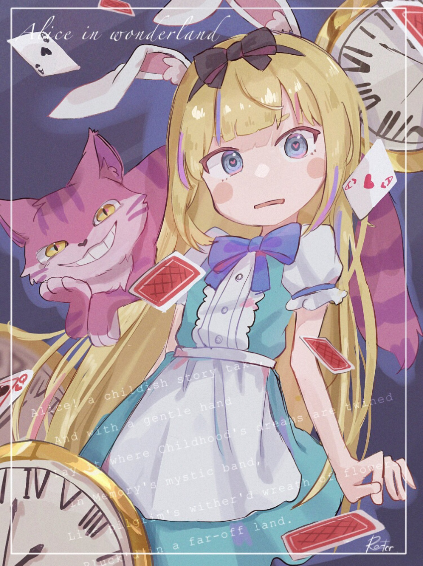 1girl ace_of_hearts alice_(alice_in_wonderland) alice_in_wonderland animal apron black_bow black_hairband blonde_hair blue_bow blue_dress blue_eyes blush_stickers bow card cat cheshire_cat_(alice_in_wonderland) commentary_request copyright_name dress english_text hair_bow hairband heart heart-shaped_pupils highres long_hair looking_at_viewer multicolored_hair parted_lips playing_card pocket_watch puffy_short_sleeves puffy_sleeves purple_hair raftor_cha roman_numeral shirt short_sleeves streaked_hair symbol-shaped_pupils very_long_hair waist_apron watch white_apron white_shirt