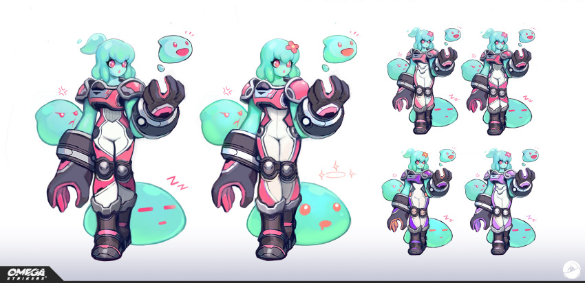 1girl armor concept_art flower full_body hair_flower hair_ornament highres juno_(omega_strikers) liyart monster_girl omega_strikers ponytail slime_(creature) slime_(substance) slime_girl