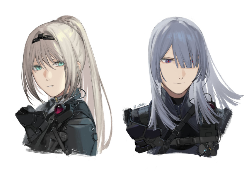2girls ak-15_(girls'_frontline) an-94_(girls'_frontline) aqua_eyes bangs blonde_hair closed_mouth exoskeleton from_side girls_frontline grey_hair hair_over_one_eye head_tilt headgear highres long_hair looking_at_viewer looking_to_the_side mask mask_around_neck mik_blamike multiple_girls open_mouth parted_bangs parted_lips ponytail radio sidelocks signature simple_background tactical_clothes teeth very_long_hair violet_eyes white_background