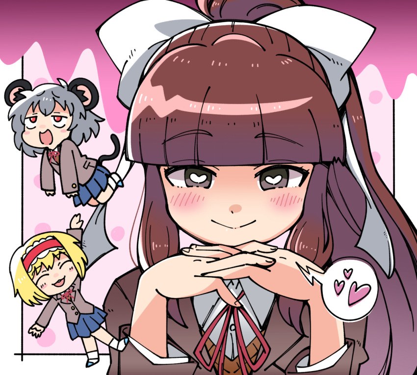 3girls alice_margatroid alternate_costume animal_ears bangs blazer blonde_hair blue_skirt blunt_bangs blush bow brown_cardigan brown_eyes brown_hair brown_jacket cardigan chibi closed_mouth commentary_request cookie_(touhou) cosplay doki_doki_literature_club gendou_pose grey_hair hair_bow hairband hakurei_reimu heart heart-shaped_pupils highres ichigo_(cookie) jacket looking_at_viewer monika_(doki_doki_literature_club) monika_(doki_doki_literature_club)_(cosplay) mouse_ears mouse_girl mouse_tail multiple_girls nazrin neck_ribbon nyon_(cookie) own_hands_clasped own_hands_together pleated_skirt red_eyes red_hairband red_ribbon ribbon rurima_(cookie) school_uniform shirt short_hair skirt smile sn_(zigzagspark6) spoken_heart symbol-shaped_pupils tail touhou upper_body white_bow white_shirt