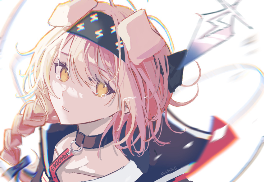 1girl animal_ears arknights artist_name black_collar black_hairband black_ribbon braid cat_ears cat_girl clishee collar commentary crying crying_with_eyes_open crystal goldenglow_(arknights) hair_between_eyes hair_ribbon hairband highres lightning_bolt_symbol looking_at_viewer medium_hair parted_lips pink_hair portrait ribbon single_braid solo tears yellow_eyes