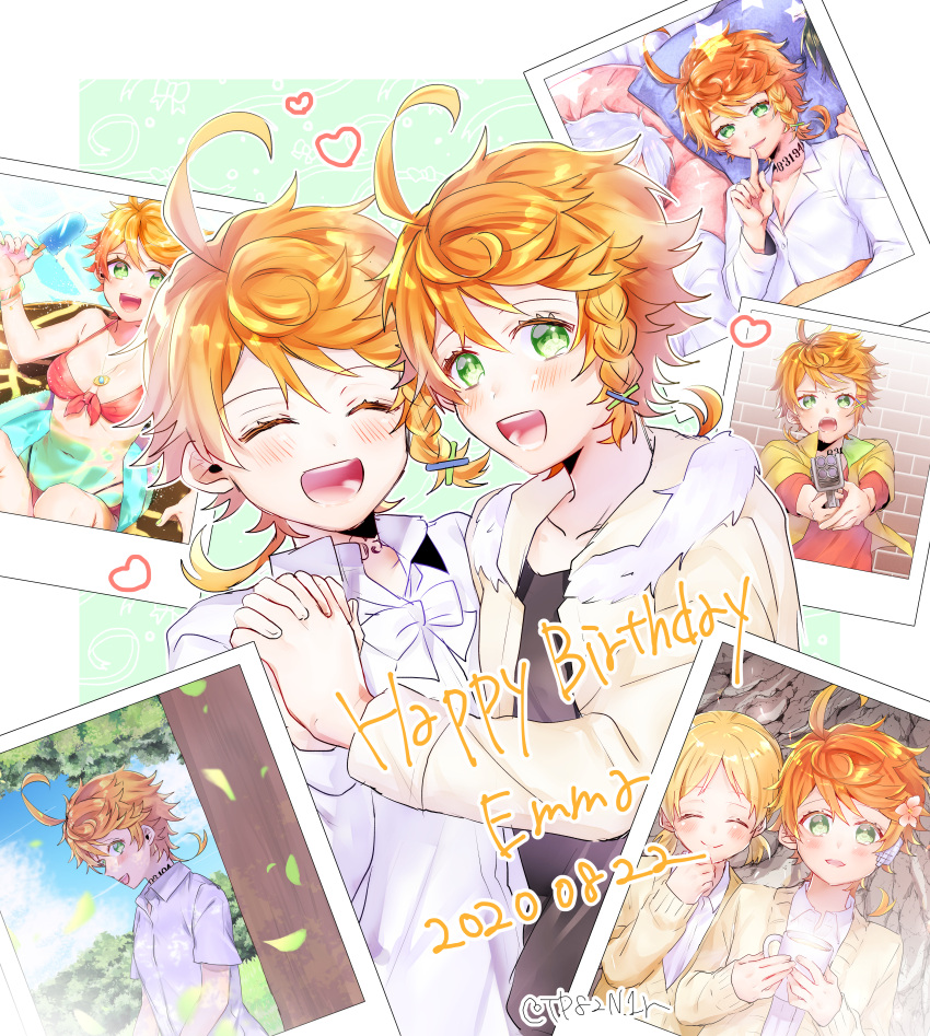 2girls absurdres chest_tattoo emma_(yakusoku_no_neverland) green_eyes highres looking_at_viewer multiple_girls neck_tattoo number_tattoo open_mouth orange_hair protected_link short_hair smile tattoo tp82n1r yakusoku_no_neverland