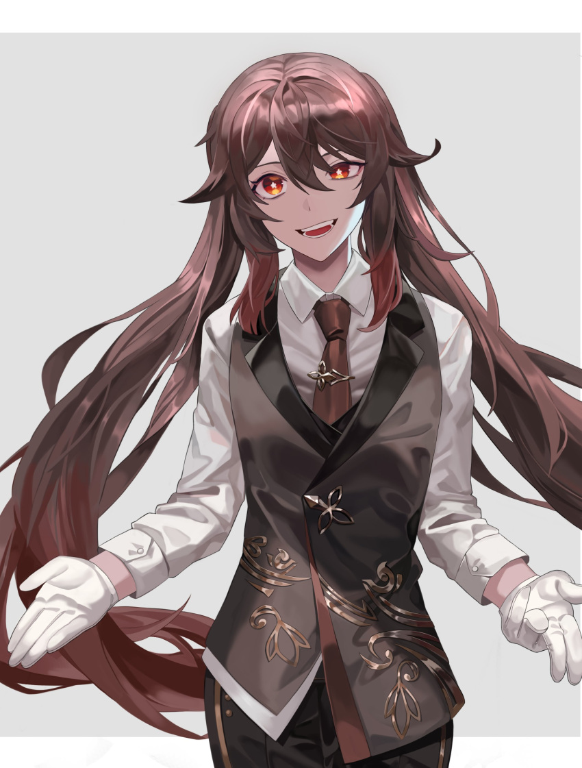 1girl absurdres alternate_costume bangs black_pants border breasts brown_hair brown_necktie buttons collared_shirt collared_vest flower flower-shaped_pupils genshin_impact gloves grey_background grey_shirt grey_vest hair_between_eyes hands_up highres hu_tao_(genshin_impact) long_hair long_sleeves looking_at_viewer medium_breasts necktie no_headwear open_mouth outside_border pants red_eyes reki_(user_rcrd4534) shirt sidelocks simple_background smile solo standing symbol-shaped_pupils teeth tongue twintails vest white_border white_gloves