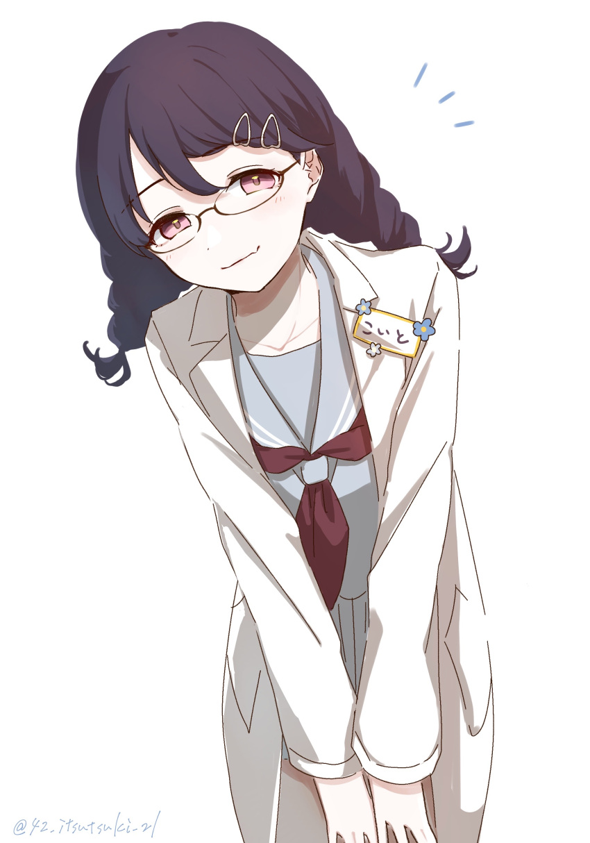 1girl 42_itsutsuki_21 absurdres black_hair braid commentary_request fang fukumaru_koito glasses hair_ornament hairclip highres idolmaster idolmaster_shiny_colors labcoat leaning_forward long_hair long_sleeves looking_at_viewer low_twin_braids miniskirt name_tag neckerchief sailor_collar school_uniform serafuku skin_fang skirt solo twin_braids violet_eyes white_background