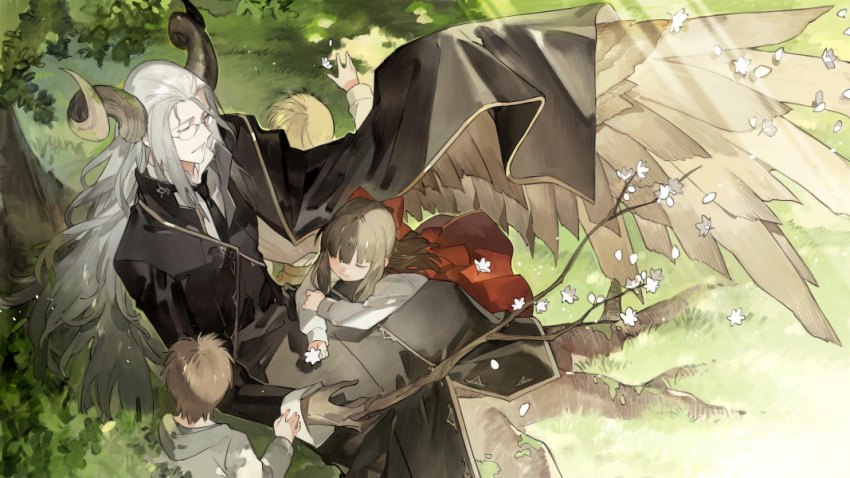 1girl 3boys black_coat black_shirt bow brown_hair brown_horns brown_wings chinese_commentary closed_eyes coat collared_shirt curled_horns dress flower full_body glasses grass grey_hair hair_bow hand_up high_collar holding holding_flower horns long_hair long_sleeves monster_boy multiple_boys original outdoors plant_boy ponytail red_bow red_dress shirt sidelocks starshadowmagician tree white_dress white_flower white_shirt winged_arms wings