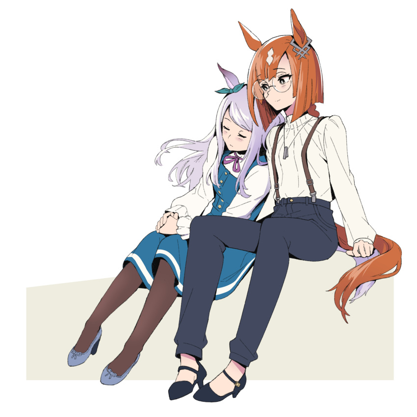 2girls animal_ears bangs blue_pants blush breasts brown_hair closed_eyes closed_mouth dog_tags dress ear_bow full_body green_dress high_heels highres horse_ears horse_girl horse_tail ikuno_dictus_(umamusume) leaning_on_person long_hair long_sleeves looking_at_another mejiro_mcqueen_(umamusume) multiple_girls neck_ribbon overalls own_hands_together pants pantyhose purple_hair ribbon round_eyewear shirt sinnra_art sitting small_breasts smile tail turtle umamusume white_shirt yuri