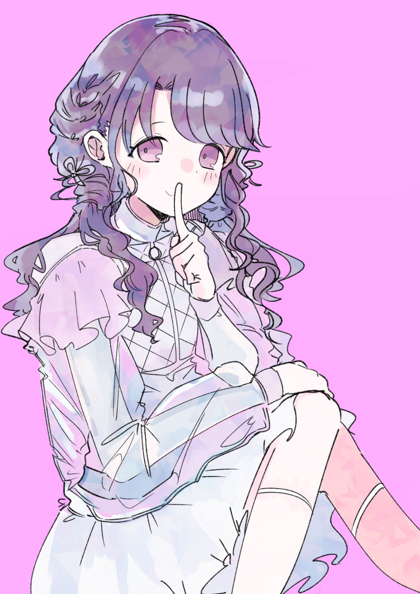 1girl a9mer absurdres black_hair braid commentary_request finger_to_mouth fukumaru_koito hair_ribbon highres idolmaster idolmaster_shiny_colors kneehighs knees_up low_twintails ribbon see-through see-through_sleeves sitting skirt socks twintails violet_eyes white_skirt