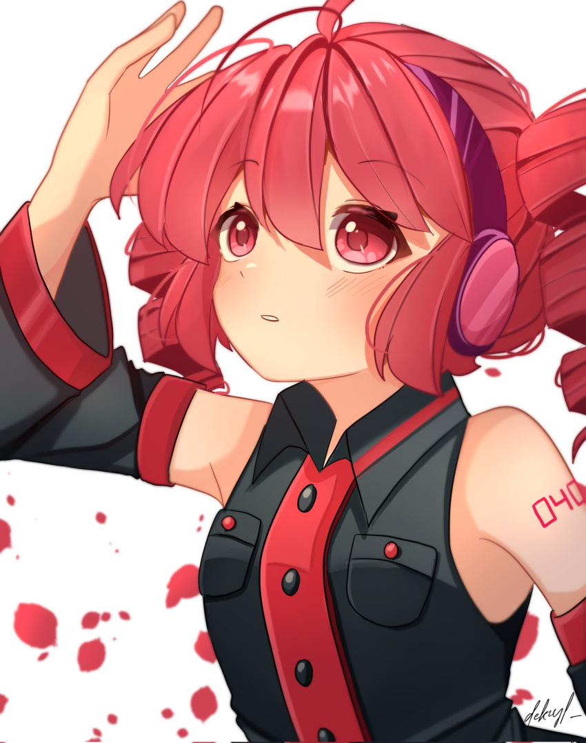 1girl ahoge bare_shoulders black_shirt black_sleeves breast_pocket commentary dekzyl detached_sleeves drill_hair falling_petals hand_up headphones highres kasane_teto light_blush looking_up medium_hair parted_lips petals pocket red_eyes redhead shirt shoulder_tattoo signature sleeveless sleeveless_shirt solo symbol-only_commentary tattoo twin_drills twintails upper_body utau white_background