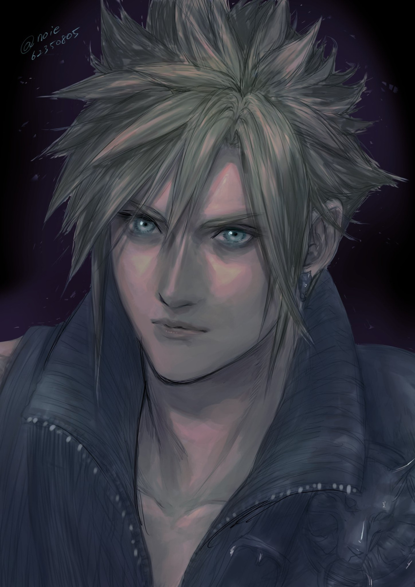 1boy black_background blonde_hair blue_eyes cloud_strife earrings final_fantasy final_fantasy_vii final_fantasy_vii_advent_children grey_shirt hair_between_eyes high_collar highres jewelry looking_at_viewer male_focus noie_(neunteedelstein) open_collar portrait shirt short_hair single_earring sleeveless sleeveless_shirt solo spiky_hair twitter_username wolf