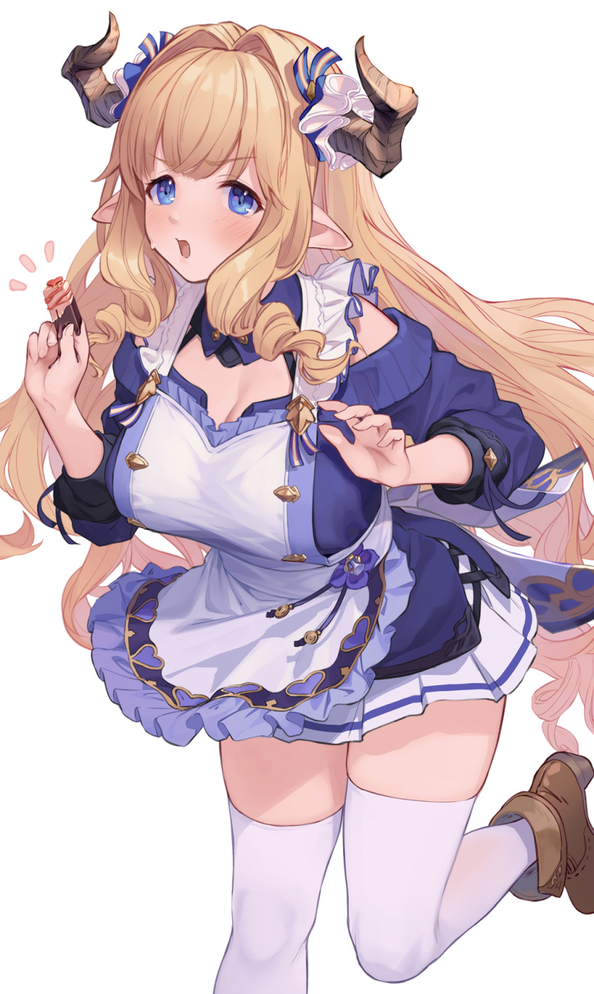 1girl bangs blonde_hair blue_eyes blush breasts chocolate draph food granblue_fantasy hair_intakes highres holding holding_food horns large_breasts long_hair looking_at_viewer melting off-shoulder_sweater off_shoulder open_mouth pointy_ears razia shoes simple_background skirt solo standing standing_on_one_leg sweater thigh-highs u_jie valentine very_long_hair white_thighhighs