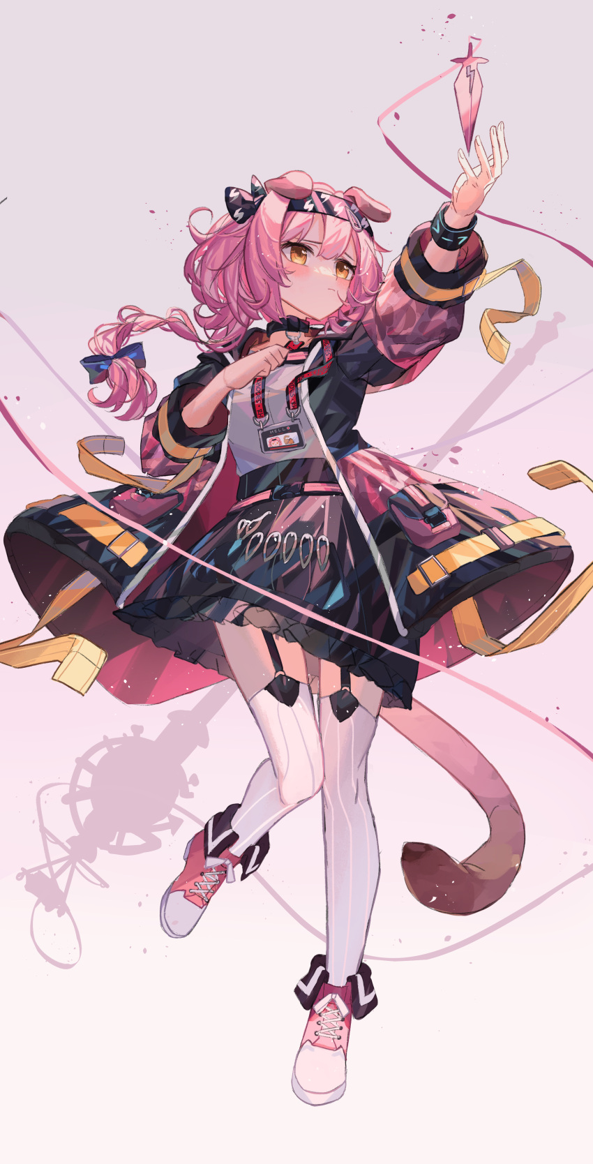 1girl absurdres animal_ears arknights arm_up bangs black_jacket black_skirt blue_bow blush bow cat_ears cat_girl cat_tail closed_mouth clynxen collar commentary cross-laced_footwear floppy_ears full_body garter_straps goldenglow_(arknights) hand_up highres id_card infection_monitor_(arknights) jacket lightning_bolt_print long_hair long_sleeves looking_afar multicolored_clothes multicolored_jacket open_clothes open_jacket orange_eyes pink_footwear pink_hair pink_jacket print_hairband scissors shirt shoes skirt sneakers solo staff tail thigh-highs two-tone_footwear two-tone_jacket white_footwear white_shirt white_thighhighs