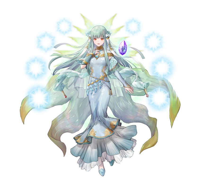 1girl absurdres aqua_hair azu-taro bangs blue_dress breasts bridal_gauntlets cape commentary_request dress fire_emblem fire_emblem:_the_blazing_blade fire_emblem_heroes floating floating_object full_body gold_trim gradient gradient_clothes hair_ornament hand_up highres long_dress long_hair long_skirt looking_at_viewer medium_breasts ninian_(fire_emblem) official_art open_mouth red_eyes see-through shiny shiny_hair shoes simple_background skirt smile snowflake_print solo stone turtleneck