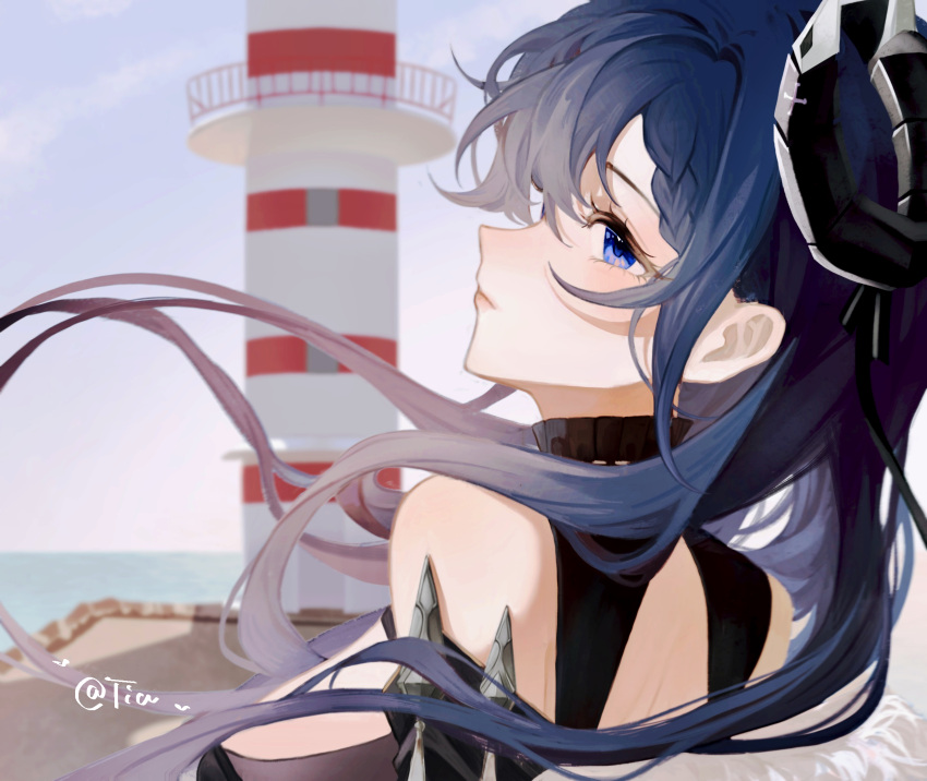 1girl artist_name august_von_parseval_(azur_lane) azur_lane bare_shoulders black_horns breasts day from_behind highres horns large_breasts lighthouse long_hair looking_at_viewer looking_back outdoors purple_hair solo tiatan upper_body violet_eyes water