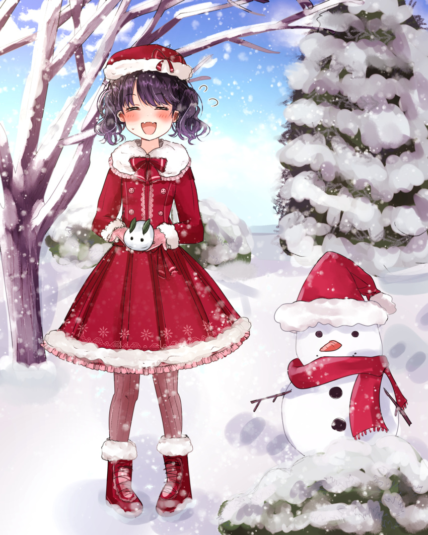 1girl black_hair boots christmas drawfag dress fangs flying_sweatdrops fukumaru_koito full_body gloves hat highres idolmaster idolmaster_shiny_colors long_sleeves neck_ribbon open_mouth outdoors pantyhose red_dress red_footwear red_ribbon ribbon santa_costume santa_hat skin_fangs snow snowman solo tree twintails