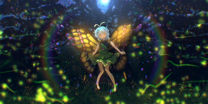 1girl antennae aqua_hair barefoot butterfly_wings closed_mouth dress eternity_larva fairy full_body green_dress highres leaf leaf_on_head moenoki multicolored_clothes multicolored_dress orange_eyes short_hair short_sleeves signature smile solo touhou wings