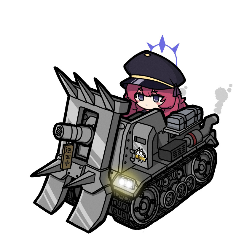 1girl black_headwear blue_archive blush_stickers caterpillar_tracks closed_mouth exhaust exhaust_pipe grey_eyes ground_vehicle halo hat highres hrna iroha_(blue_archive) long_hair metal_slug military military_hat military_vehicle motor_vehicle peaked_cap redhead simple_background solo t-2b_melty_honey tank wavy_hair white_background