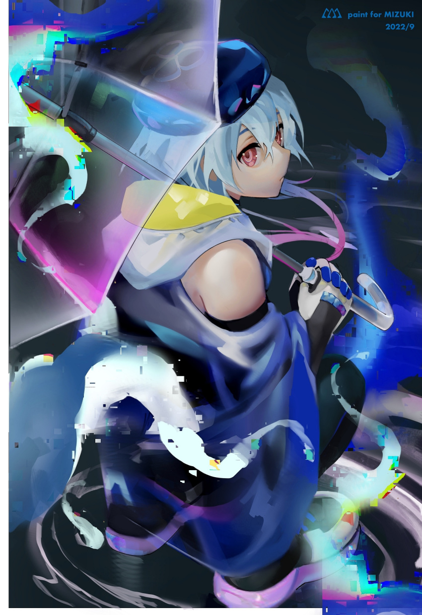 1boy absurdres arknights bishounen blue_hair from_above glitch hat highres himawarrrrri looking_at_viewer looking_back male_focus mizuki_(arknights) shoes short_hair sleeveless solo squatting transparent transparent_umbrella umbrella violet_eyes water